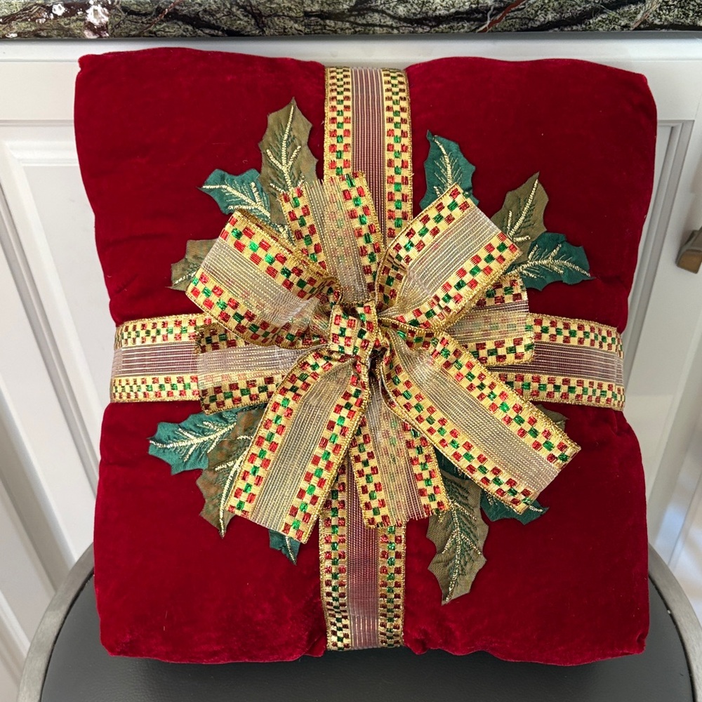 Home Collection Red Velvet Holiday Pillow with Gold Bow and Green Leaves 11”x12”